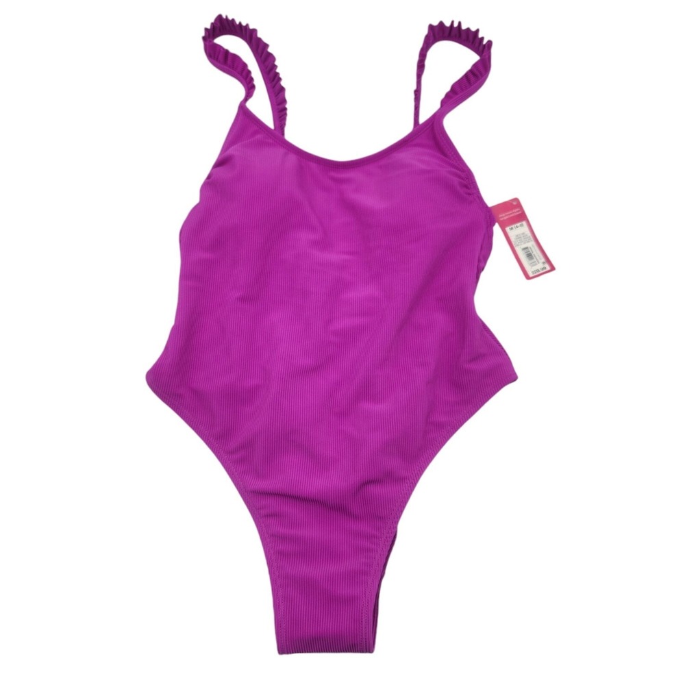 Xhilaration One Piece Swimsuit Juniors M (4-6) Fuchsia Ribbed‎ Ruffle Shoulder